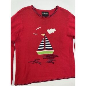 Sag Harbor Sport Petite Red Sailboat Knit Sweater Nautical Coastal Womens PM